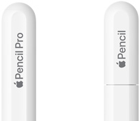 둥근 끝 부분에 Apple Pencil Pro라는 각인이 새겨진 Apple Pencil Pro와 끝단 캡에 Apple Pencil이라는 각인이 새겨진 Apple Pencil USB-C.