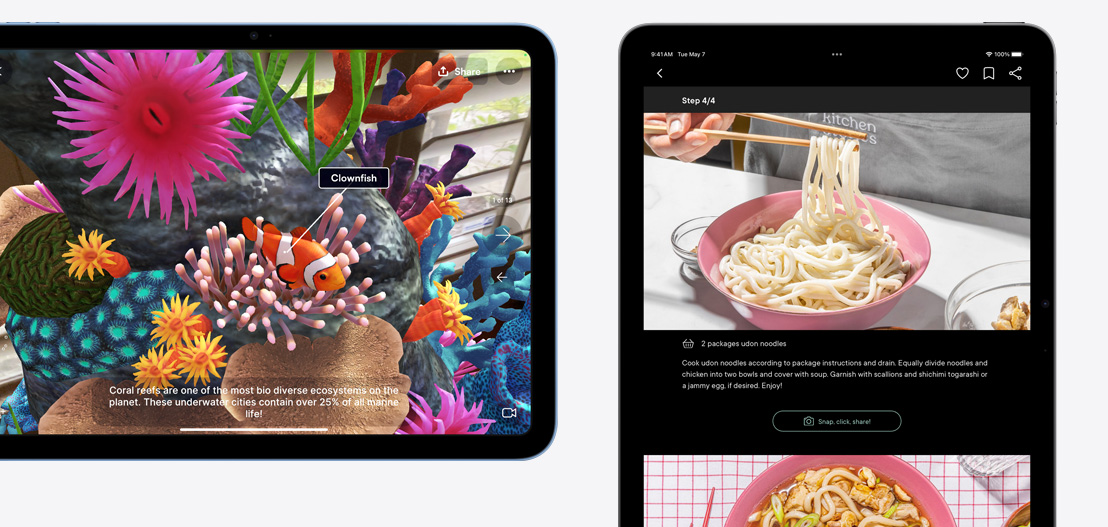 iPad a iPad Air s otevřenými aplikacemi Jigspace a Kitchen Stories.