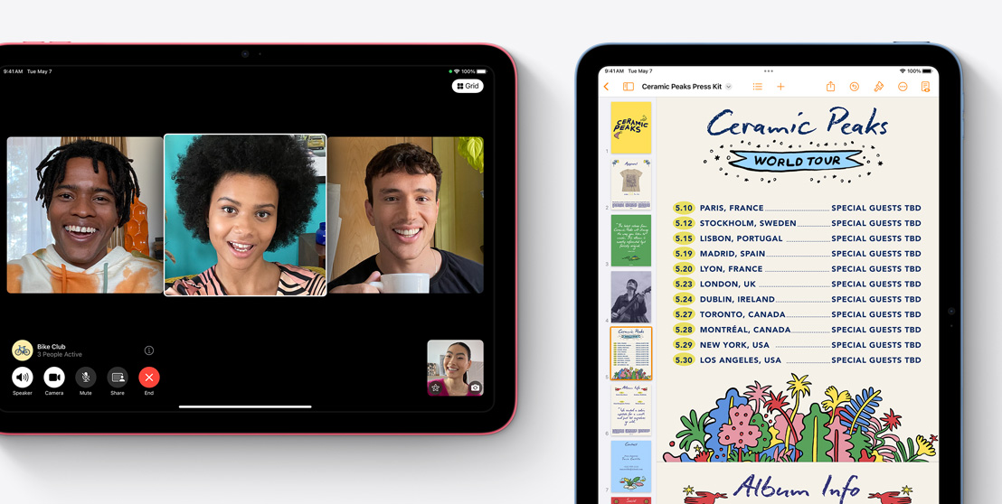 Két iPad képe, az egyiken egy FaceTime-videohívás látható, a másikon pedig a Pages app van megnyitva.