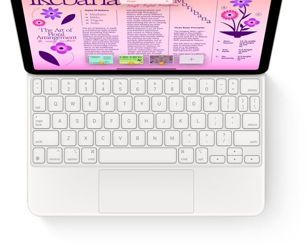 Pohled shora na Magic Keyboard připnutý k iPadu Pro.