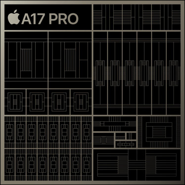 Stylizovaná ilustrace čipu A17 Pro