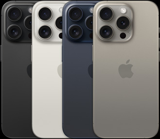 Изглед отзад на iPhone 15 Pro в четири различни цвята