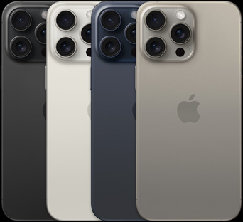 Изглед отзад на iPhone 15 Pro Max в четири различни цвята