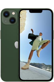 A zöld 6,1 hüvelykes iPhone 13 modell hátul- és elölnézete.