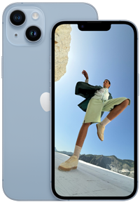 Pohled zezadu na 6,7palcový iPhone 14 Plus a pohled zepředu na 6,1palcový iPhone 14 v modré.