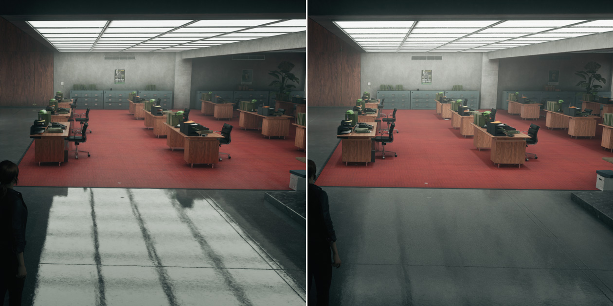 Imagen del juego Control Ultimate Edition que muestra la diferencia de detalle visual con y sin trazado de rayos acelerado por hardware