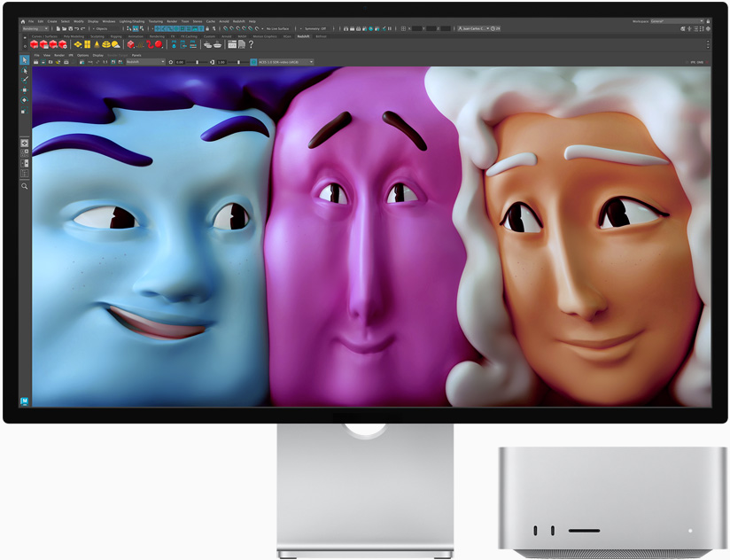 Vista frontal do Studio Display e Mac Studio