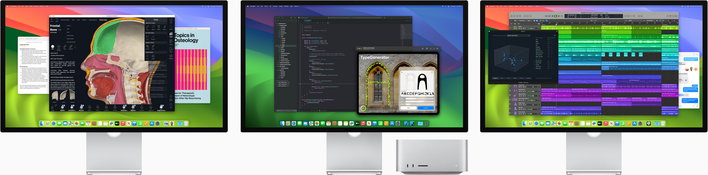 Mac Studio และ Studio Display จำนวน 3 จอ โดยในแต่ละหน้าจอเปิดแอปที่แตกต่างกัน