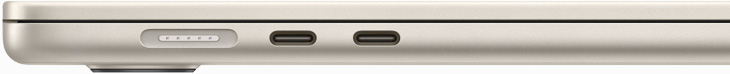MacBook Airi kõrvaltvaade, millel on näha MagSafe ja kaks Thunderbolt liidest
