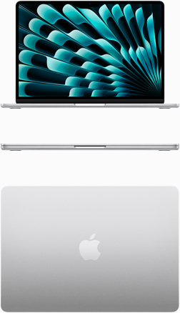 Prednji pogled i odozgo na MacBook Air u srebrnoj boji