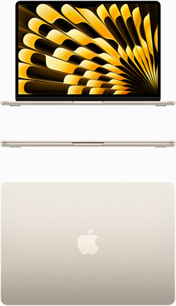 Vedere frontală și de sus a unui MacBook Air în culoarea Strălucire stelară
