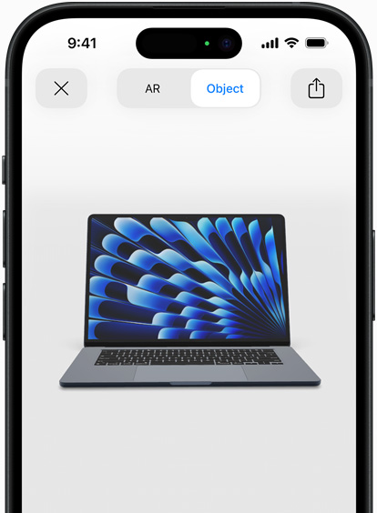 Previzualizare a unui MacBook Air pe culoarea Miezul nopții, în experiența AR pe iPhone