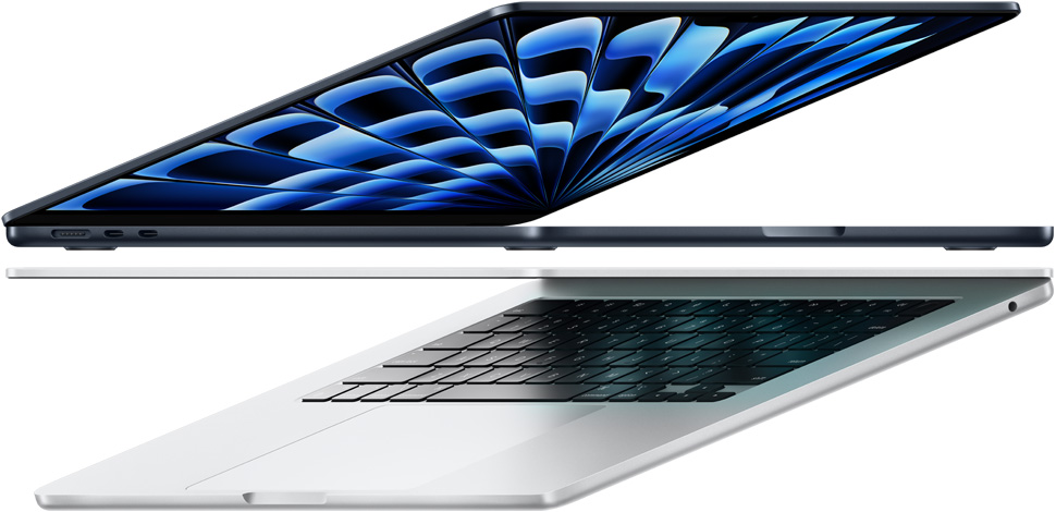 Sivunäkymä keskiyönvärisestä ja hopeanvärisestä MacBook Air M3-mallista