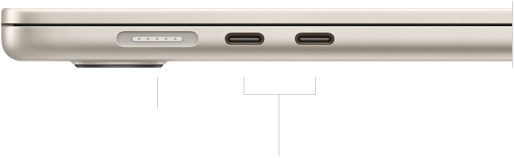 Lado esquerdo do MacBook Air, fechado, a mostrar a porta MagSafe e duas portas Thunderbolt
