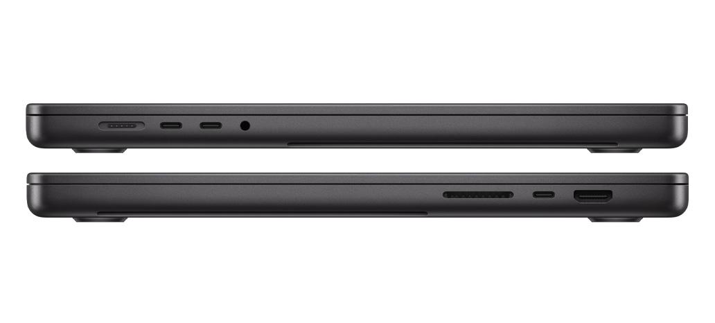 Visning af portene på MacBook Pro med M3 Pro- eller M3 Max-chip: I venstre side sidder MagSafe 3-porten, to Thunderbolt 4-porte og jackstikket til hovedtelefoner, og i højre side sidder SDXC-kortpladsen, en Thunderbolt 4-port og HDMI-porten