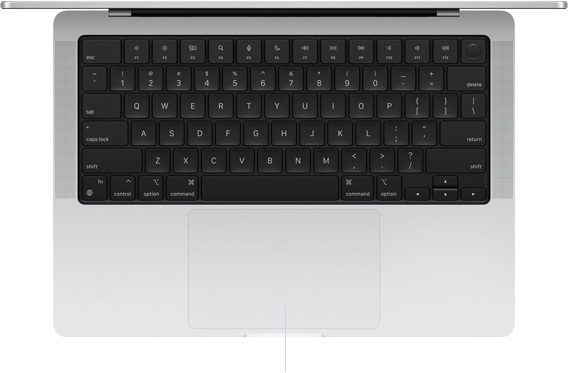 A felnyitott fedelű 14 hüvelykes MacBook Pro felülnézeti képe, melyen jól látszik a billentyűzet alatt elhelyezkedő Force Touch érintőpad