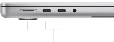 閉じた状態のM3搭載14インチMacBook Proの左側面。MagSafe 3ポート、2つのThunderbolt / USB 4ポート、ヘッドフォンジャックが見えている