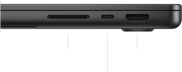 Lukket 14-tommers MacBook Pro med M3 Pro eller M3 Max sett fra høyre side med SDXC-kortplass, én Thunderbolt 4-port og HDMI-port
