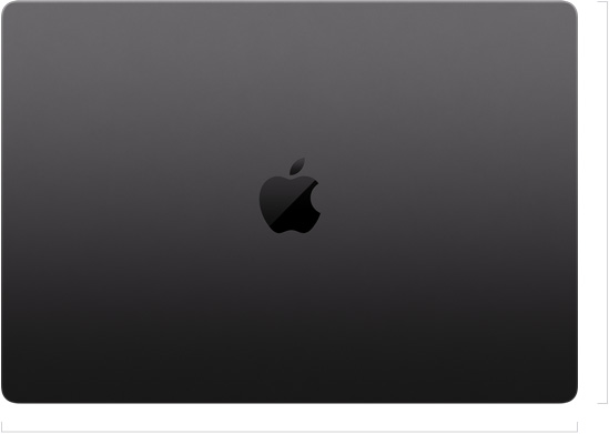 Lehajtott fedelű 16 hüvelykes MacBook Pro külseje az Apple logóval a közepén