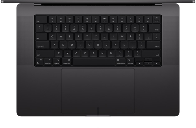 16-tommers MacBook Pro med Force Touch-styreflate nedenfor tastaturet vist ovenfra