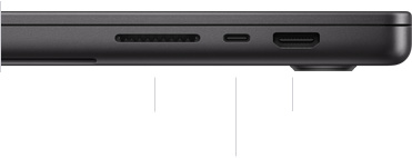 Lukket 16-tommers MacBook Pro vist fra høyre side med SDXC-kortplass, én Thunderbolt 4-port og og HDMI-port