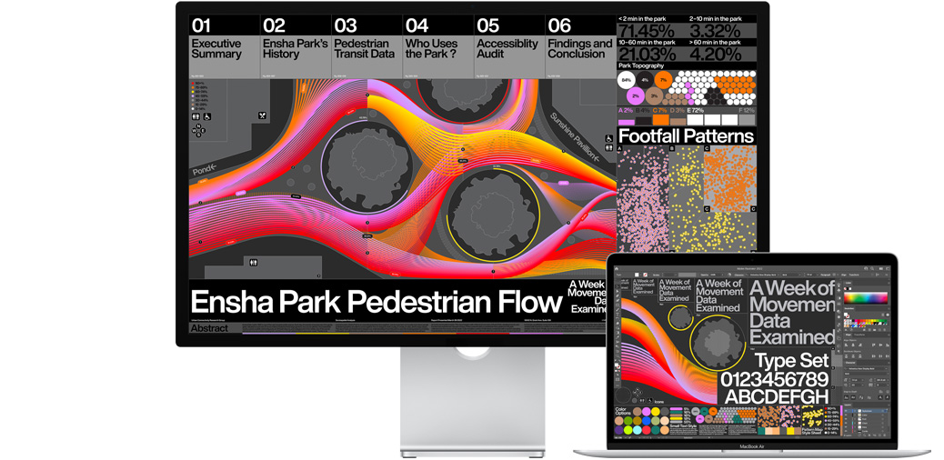 Studio Displayとその横に置かれた13インチMacBook Airが、Adobe Illustratorのプロジェクトを表示している。