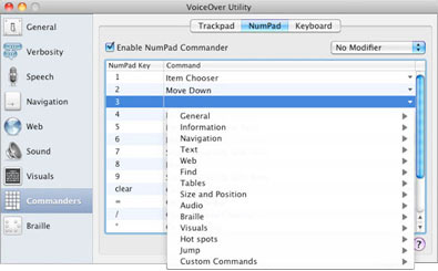 A screen shot of the NumPad Commander. The VoiceOver Utility window, divided vertically into two parts. A sidebar on the left lists categories, preceded by an icon, and an area on the right shows options for the currently selected category. Commanders is the current category in the sidebar and the NumPad pane is selected on the right.¶¶At the top right of the NumPad pane is the Enable NumPad Commander checkbox, which is selected. To the right of that is the Modifier pop-up menu where No Modifier is selected. Below the checkbox and pop-up menu is a table with two columns, from left to right: NumPad Key, Command. The third row is selected and contains 3 in the NumPad Key column and on the right is a pop-up menu of command categories for assigning a command to the 3 key. The command categories from top to bottom are: General, Information, Navigation, Text, Web, Find, Tables, Size and Position, Audio, Braille, Visuals, Hot spots, Jump, Custom Commands. To the right of each category name is an arrow for displaying the commands in each category. 