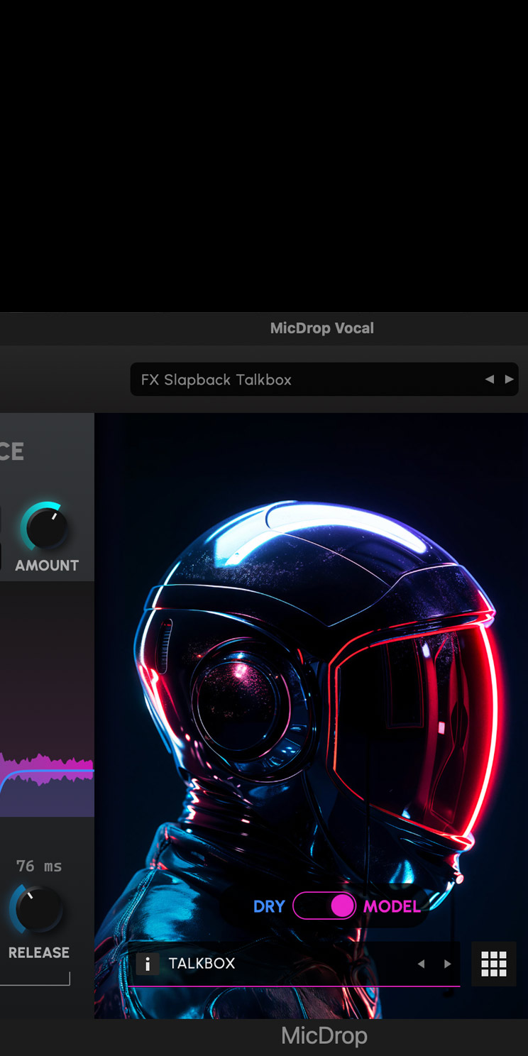Screen content demonstrating MicDrop software using AI features to edit a vocal recording on a Mac