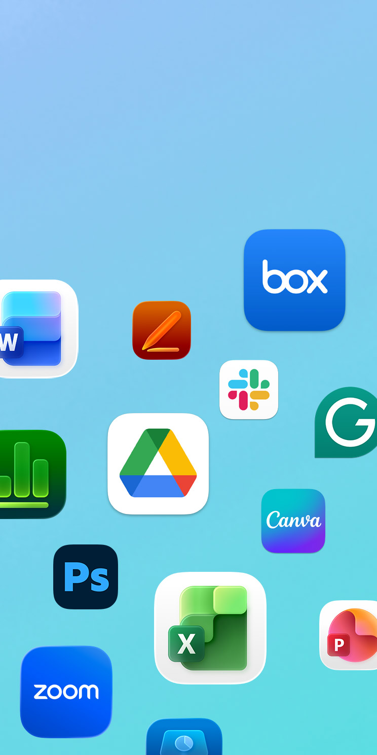 Various app icons in a scattered array, including Zoom, Adobe Photoshop, Microsoft Excel, and Slack.