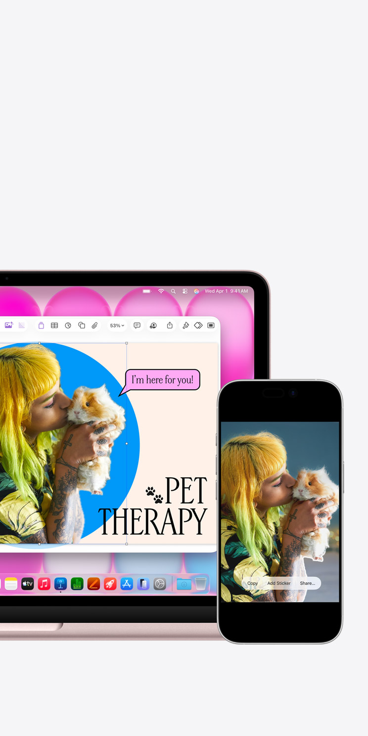 iPhone screen showing photo of a person holding a guinea pig, photo has been turned into a sticker and placed into a Keynote document on MacBook titled Finals Week Pet Therapy