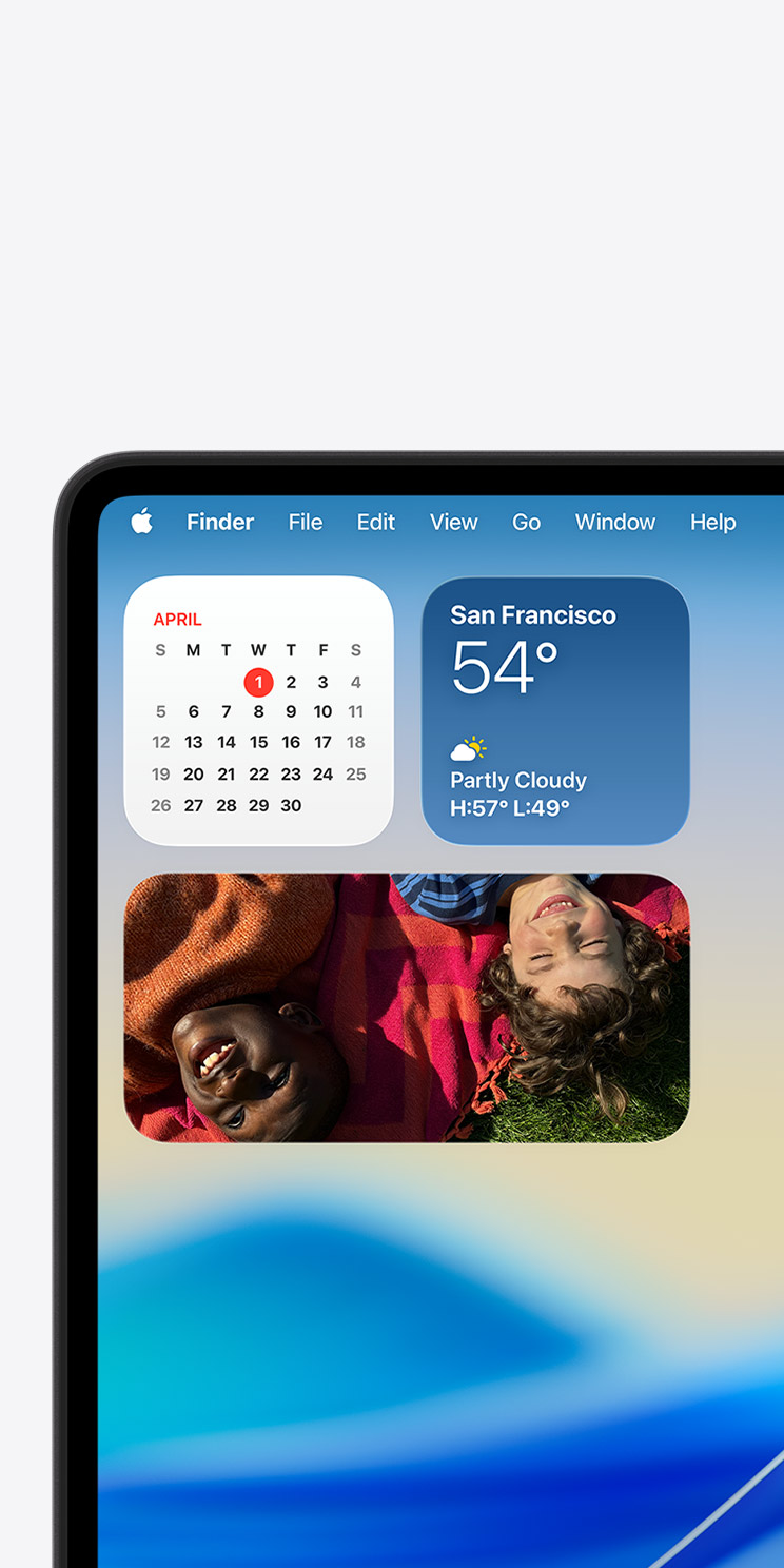 MacBook screen showing Calendar, Weather, and Photos app previews