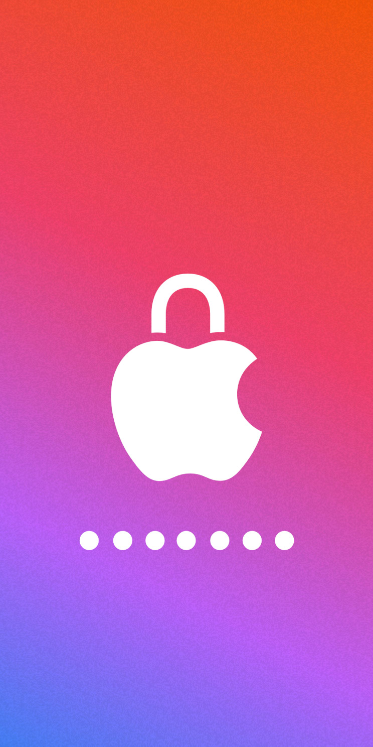 The Apple logo modified to resemble a locked padlock, with dots underneath to resemble a hidden password.