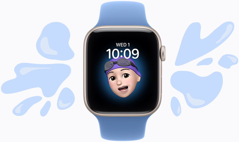 Apple Watch SE 3, aluminium case, starlight colour, Memoji watch face, illustrated water splashes off water-resistant device, purple fog Sport Band