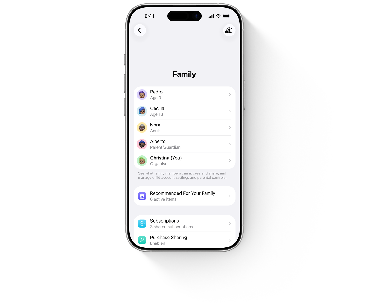 A five-person family is represented as Memoji heads. Each is inside a different coloured circle. They playfully look to one another before resolving into the Family Sharing screen in Settings inside an iPhone.