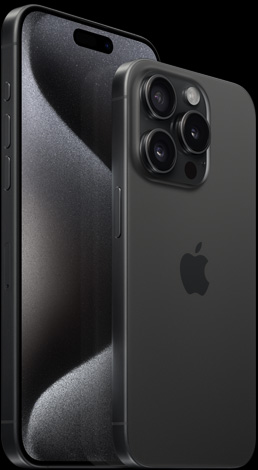 Front view of 6.7 inch iPhone 15 Pro Max and back view of 6.1 inch iPhone 15 Pro in Black Titanium