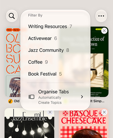 iPhone Safari browser, displaying the Filter menu with categories like Writing Resources, Activewear, Jazz Community, Coffee, and Book Festival, with Automatically Organise option selected