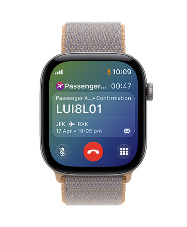 Apple Watch Series 12, Space Grey aluminium, bottom of screen shows an active phone call with airline customer service number, top of screen shows relevant flight information including confirmation number, departure and arrival locations, flight date and time