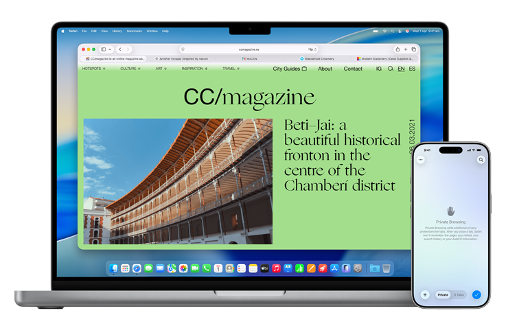 MacBook Pro, open, Safari browser, magazine article, text reads: CC/magazine, Beti-Jai: a beautiful historical fronton in the center of the Chamberi district, iPhone 17, Safari browser, new private tab