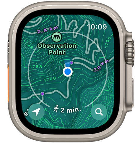 A front picture of a watch showing trails, contour lines, elevation and points of interest