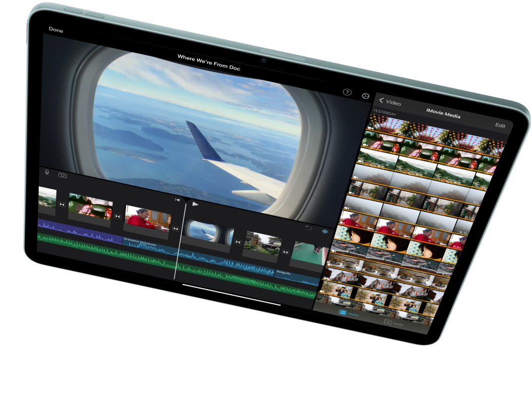 iPad Air в хоризонтална ориентация, показваща видеомонтаж в iMovie