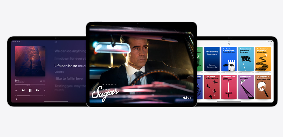 Два iPad и iPad Air демонстрират Apple Music, Apple TV+ и Apple Books приложенията.