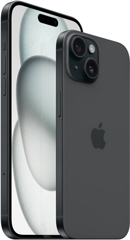 Изглед отпред на 6,7-инчов iPhone 15 Plus и изглед отзад на 6,1-инчов iPhone 15 в черно.