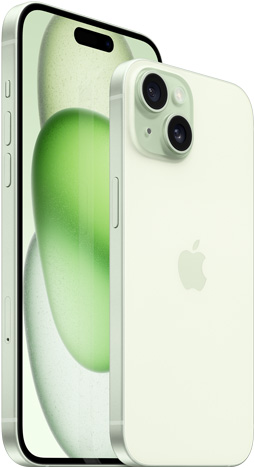 Изглед отпред на 6,7-инчов iPhone 15 Plus и изглед отзад на 6,1-инчов iPhone 15 в зелено.