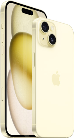 Изглед отпред на 6,7-инчов iPhone 15 Plus и изглед отзад на 6,1-инчов iPhone 15 в жълто.