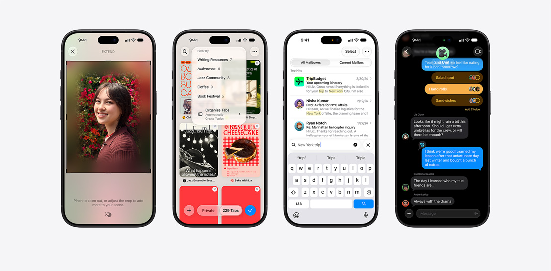 Набор от iPhone 17 и 17 Pro устройства, всяко с различен екран, представящ функциите на iOS 26 и Apple Intelligence