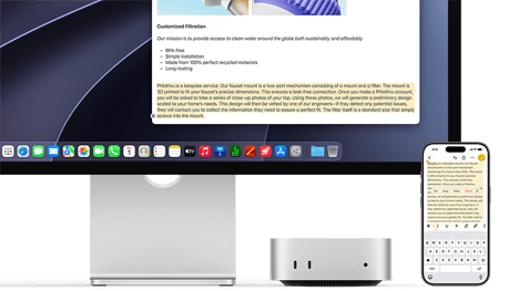 Mac mini отпред под Studio Display, iPhone е разположен отдясно на устройството и дисплея, текстът, избран с команди за изрязване, копиране, поставяне и автоматично попълване по-горе на iPhone, съвпада с маркирания текст на дисплея, показвайки Universal Clipboard