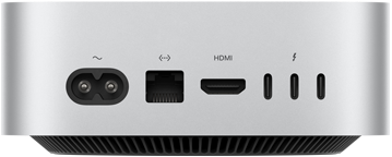 Mac mini, отзад, гнездо за захранване, Ethernet порт, HDMI порт, три Thunderbolt порта