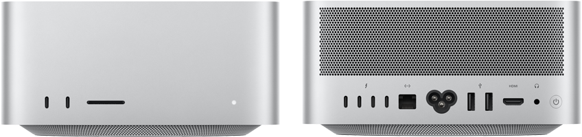 Mac Studio, предна част, два USB‑C порта, слот за SDXC карта, светлинен индикатор за състояние, конусовидна основа отдолу, плосък отгоре, заоблени страни, прави ръбове, цвят сребърно, Mac Studio, задна част, перфориран алуминиев изход, четири Thunderbolt 5 порта, един Ethernet, един електрически контакт, два USB-A, един HDMI, един жак за слушалки и бутон за включване