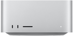 Mac Studio, предна част, два USB‑C порта, слот за SDXC карта, светлинен индикатор за състояние, конусовидна основа отдолу, плосък отгоре, заоблени страни, прави ръбове, цвят сребърно, Mac Studio, задна част, перфориран алуминиев изход, четири Thunderbolt 5 порта, един Ethernet, един електрически контакт, два USB-A, един HDMI, един жак за слушалки и бутон за включване