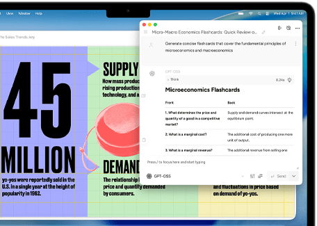 MacBook Air екран, показващ правене на флаш карти по микро и макроикономика с Apple Intelligence Инструменти за писане